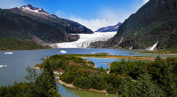 Mendenhall Lake with icebergs and Mendenhall Glacier near Juneau, Alaska