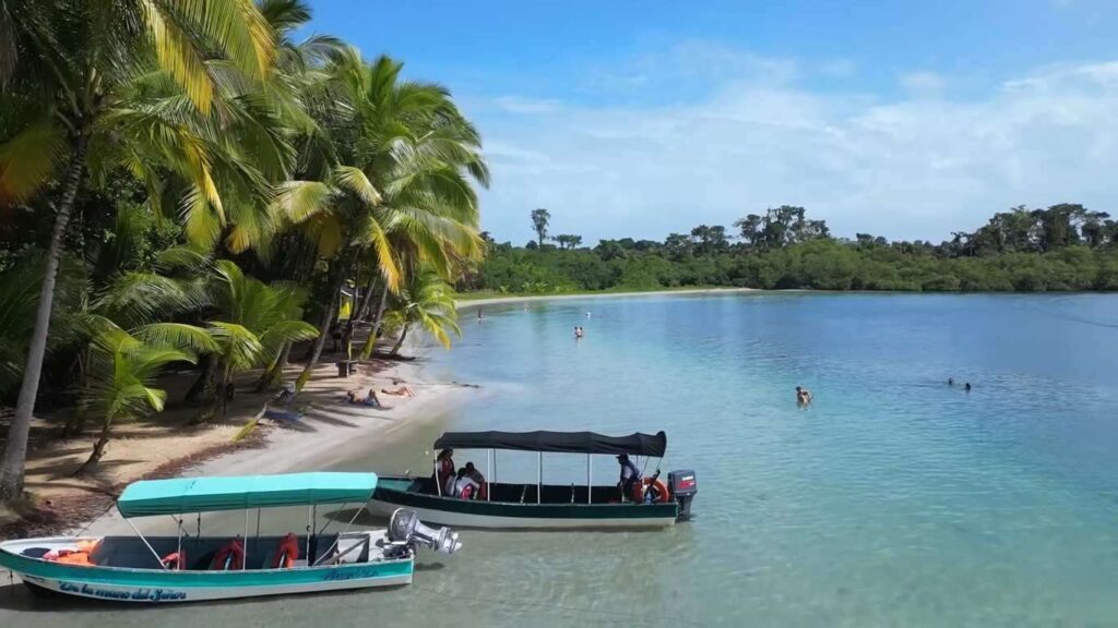 "Aerial view of a tropical beach in Bocas del Toro, Panama, featuring crystal clear turquoise water, palm trees lining the white sand, and two small motorboats anchored near the shore with people swimming in the distance."